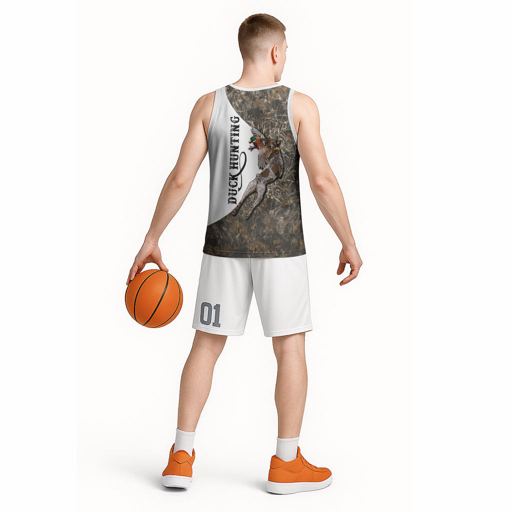 Duck Hunting Retriever Basketball Jersey Mallard Shotgun Hunt with Camouflage Marsh Dog Artwork