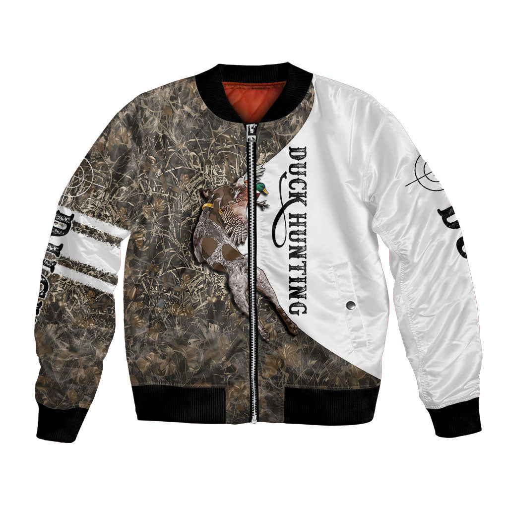 Duck Hunting Retriever Bomber Jacket Mallard Shotgun Hunt with Camouflage Marsh Dog Artwork