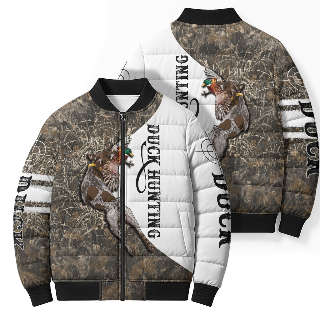 Duck Hunting Retriever Bomber Puffer Jacket Mallard Shotgun Hunt with Camouflage Marsh Dog Artwork