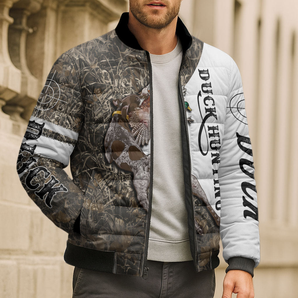 Duck Hunting Retriever Bomber Puffer Jacket Mallard Shotgun Hunt with Camouflage Marsh Dog Artwork