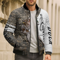 Duck Hunting Retriever Bomber Puffer Jacket Mallard Shotgun Hunt with Camouflage Marsh Dog Artwork