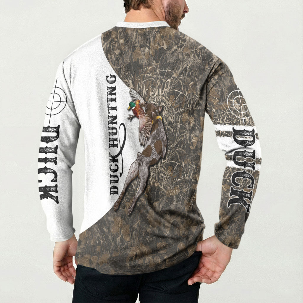 Duck Hunting Retriever Button Sweatshirt Mallard Shotgun Hunt with Camouflage Marsh Dog Artwork