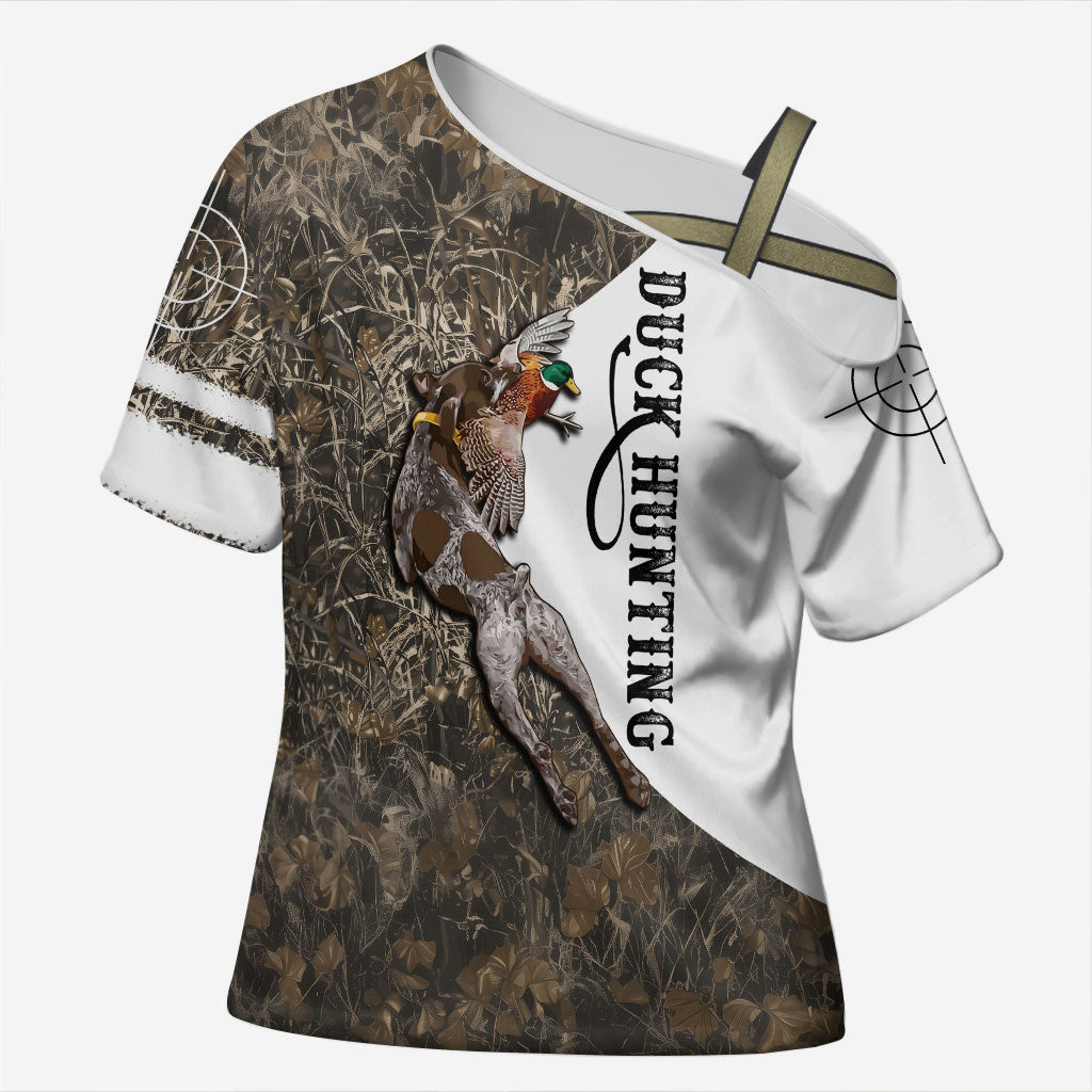 Duck Hunting Retriever Cross Shoulder Shirt Mallard Shotgun Hunt with Camouflage Marsh Dog Artwork