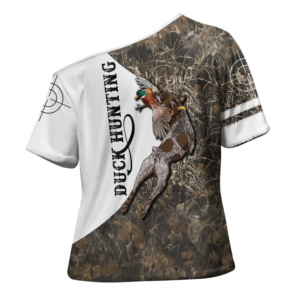 Duck Hunting Retriever Cross Shoulder Shirt Mallard Shotgun Hunt with Camouflage Marsh Dog Artwork