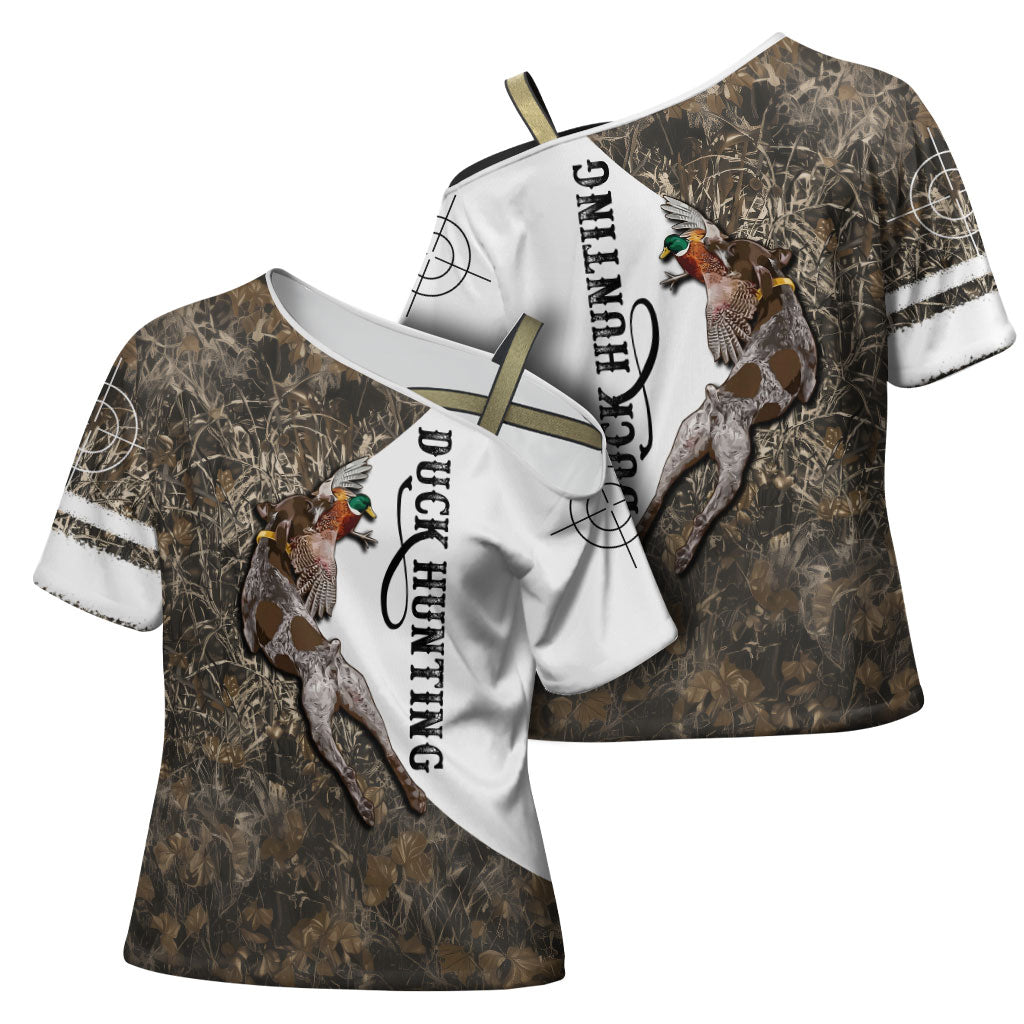 Duck Hunting Retriever Cross Shoulder Shirt Mallard Shotgun Hunt with Camouflage Marsh Dog Artwork