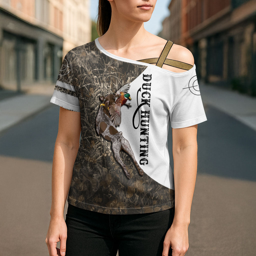 Duck Hunting Retriever Cross Shoulder Shirt Mallard Shotgun Hunt with Camouflage Marsh Dog Artwork