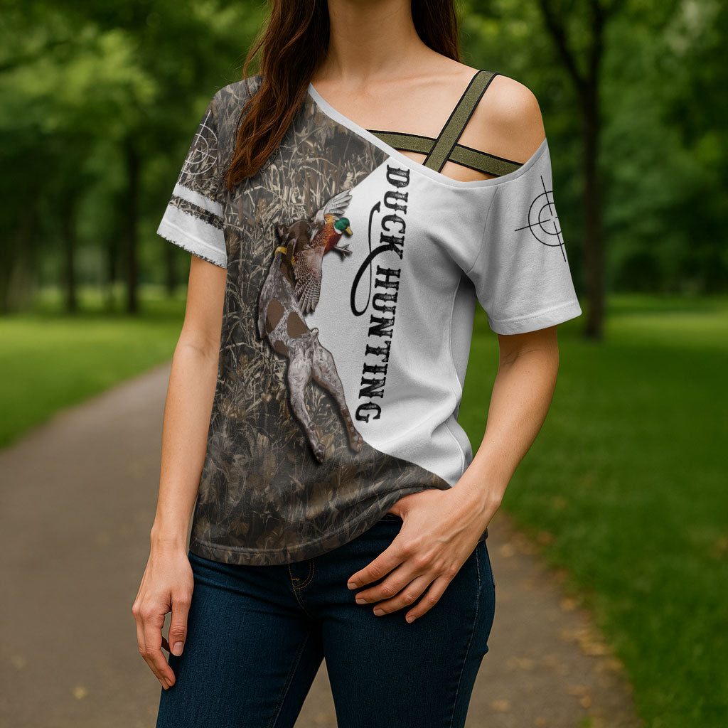Duck Hunting Retriever Cross Shoulder Shirt Mallard Shotgun Hunt with Camouflage Marsh Dog Artwork