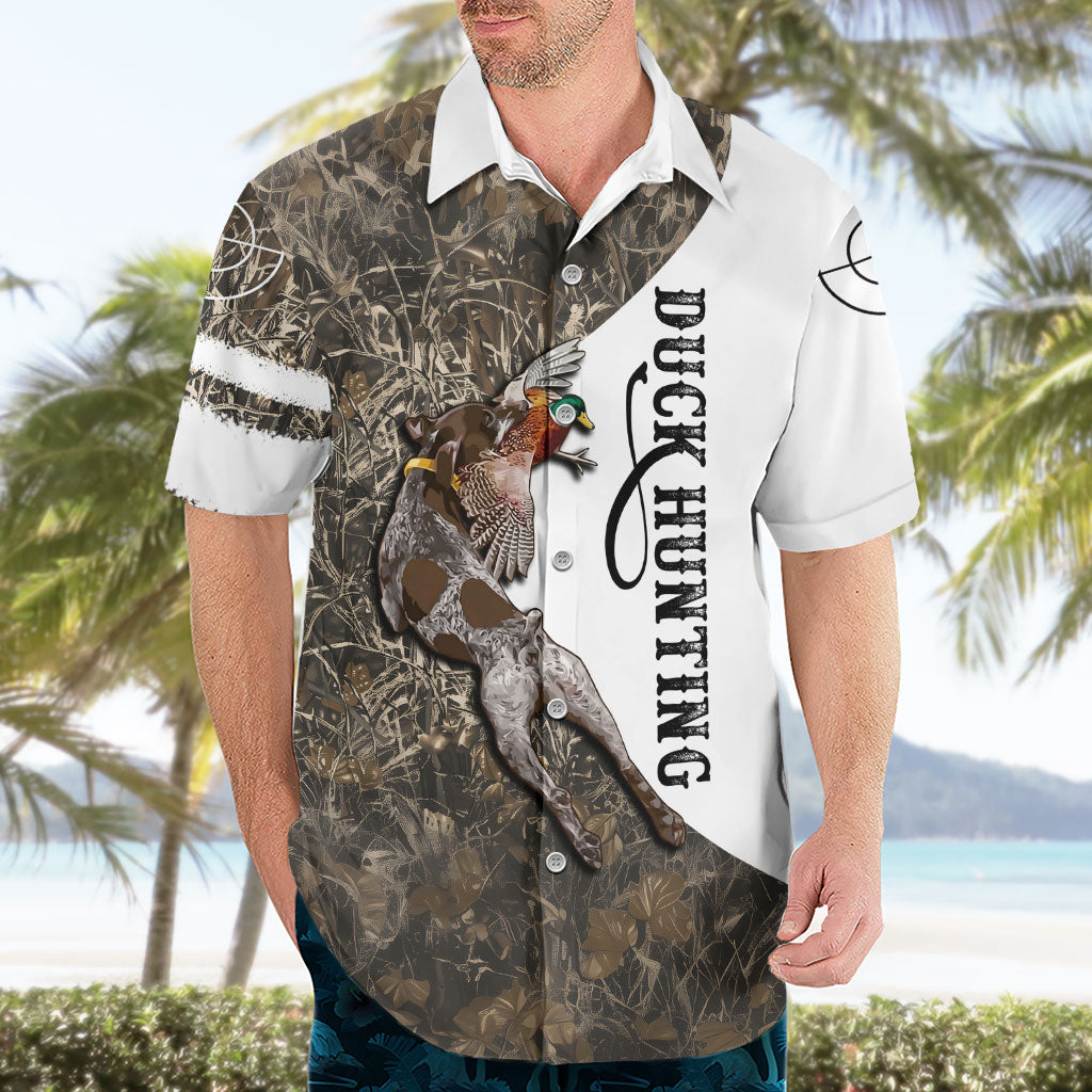 Duck Hunting Retriever Hawaiian Shirt Mallard Shotgun Hunt with Camouflage Marsh Dog Artwork