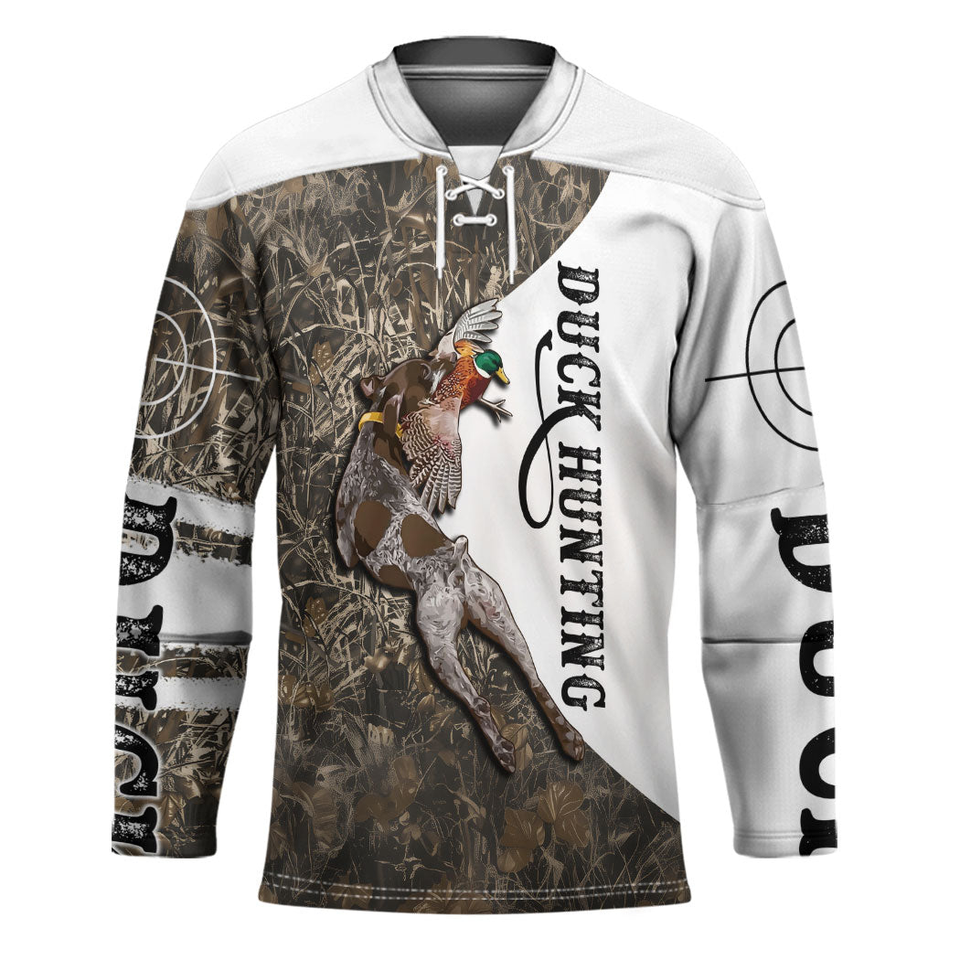 Duck Hunting Retriever Hockey Jersey Mallard Shotgun Hunt with Camouflage Marsh Dog Artwork