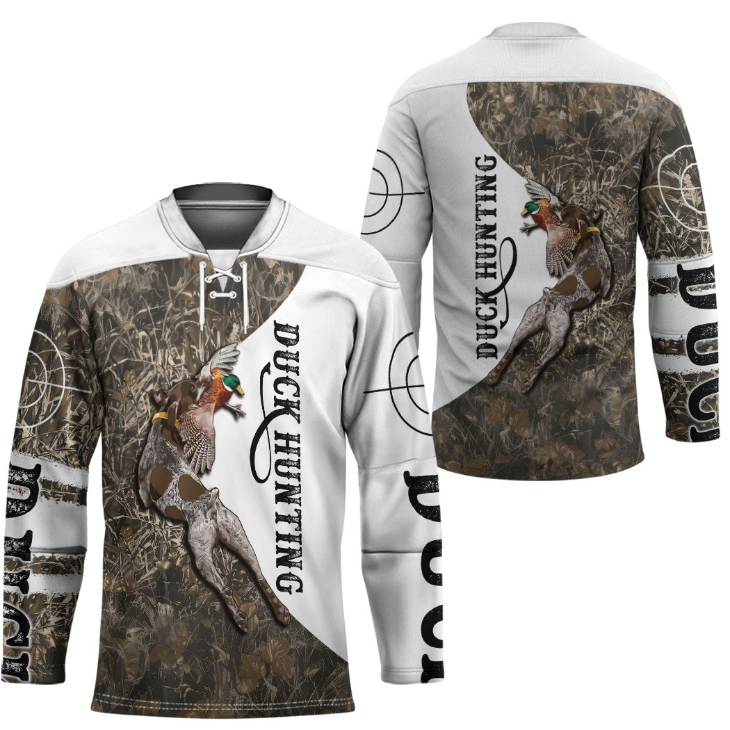 Duck Hunting Retriever Hockey Jersey Mallard Shotgun Hunt with Camouflage Marsh Dog Artwork