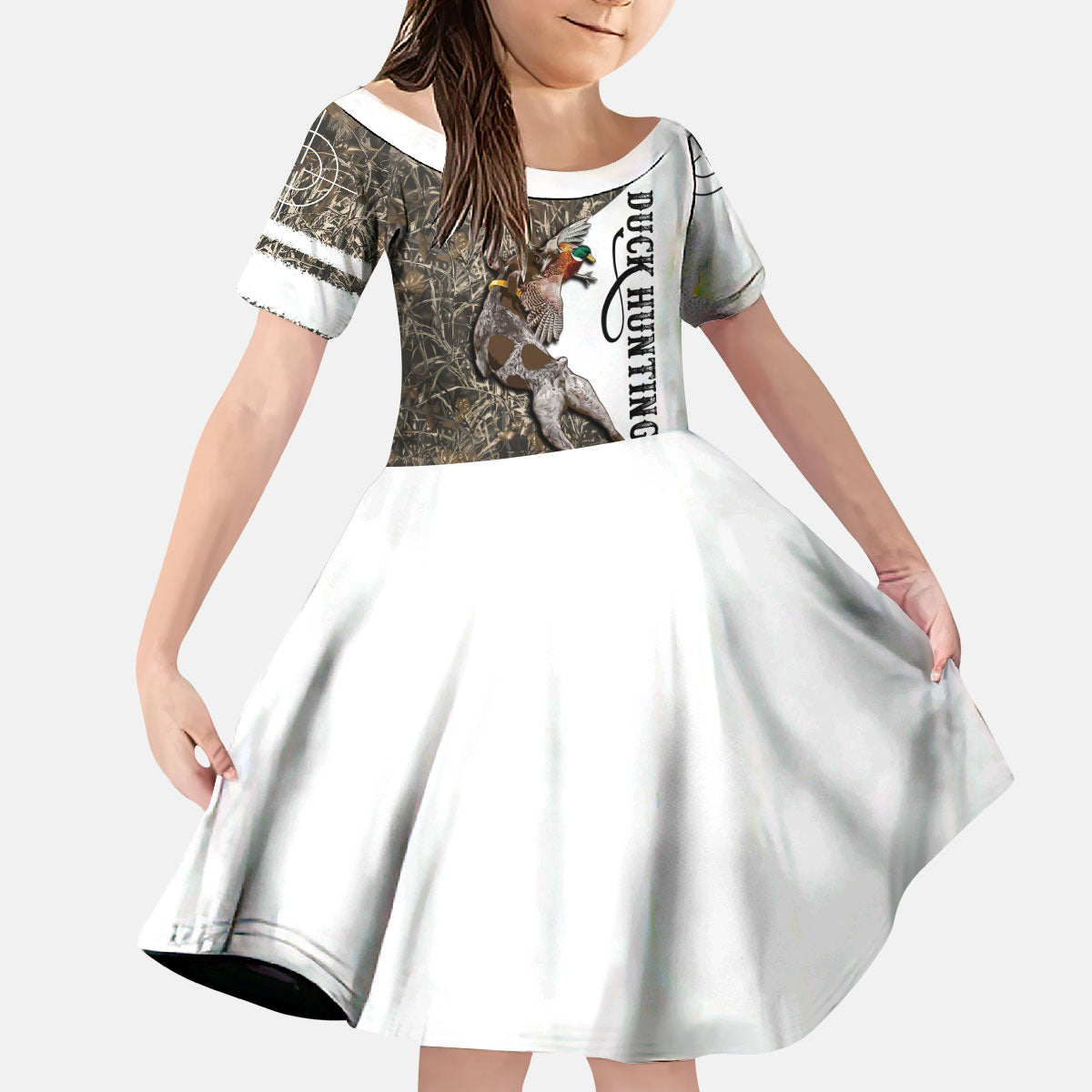 Duck Hunting Retriever Kid Short Sleeve Dress Mallard Shotgun Hunt with Camouflage Marsh Dog Artwork