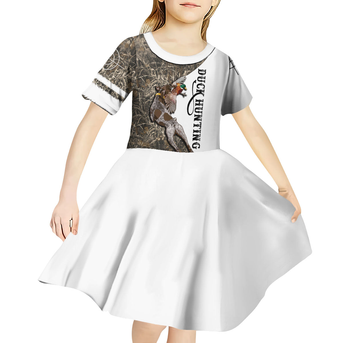 Duck Hunting Retriever Kid Short Sleeve Dress Mallard Shotgun Hunt with Camouflage Marsh Dog Artwork