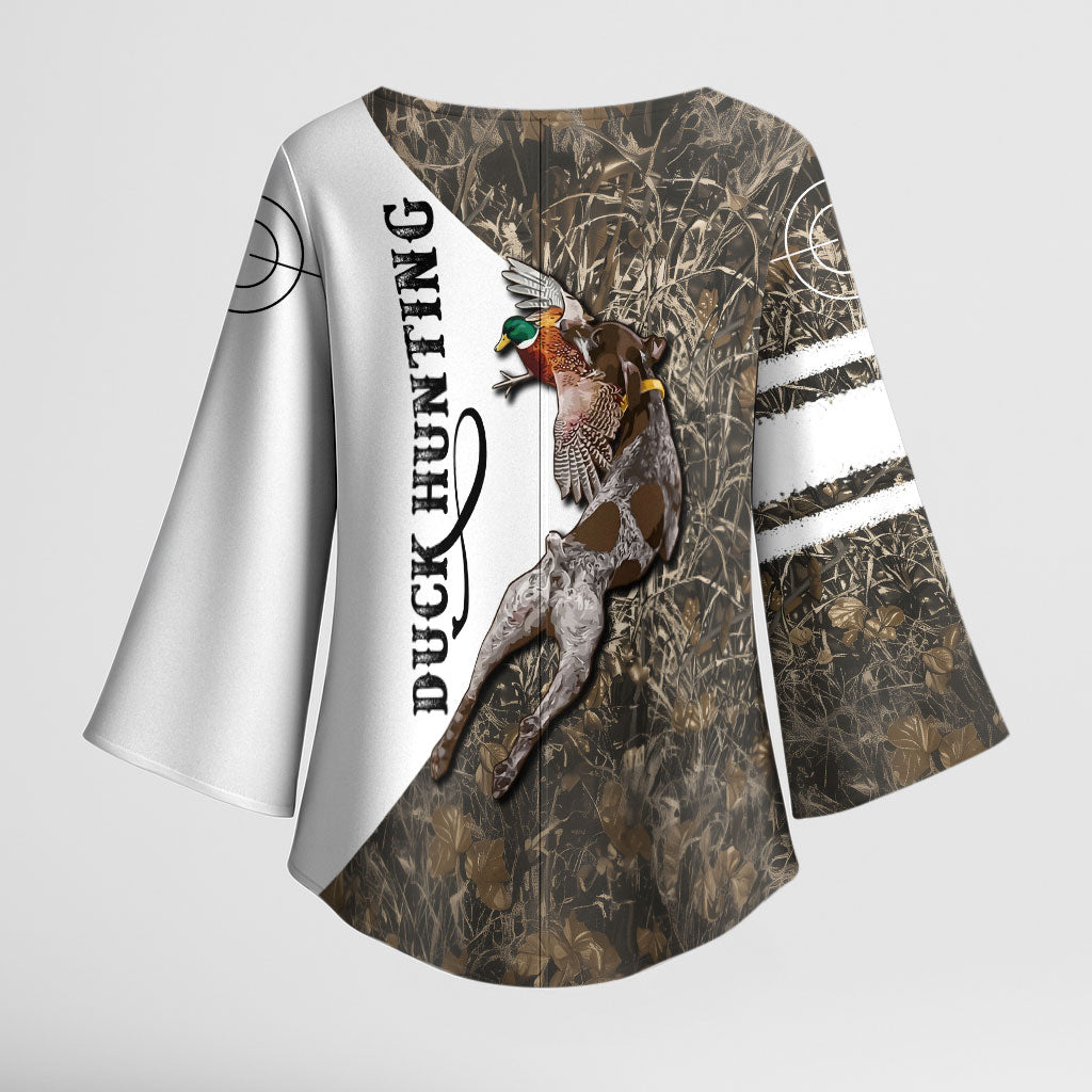 Duck Hunting Retriever Kimono Sleeve Blouse Mallard Shotgun Hunt with Camouflage Marsh Dog Artwork