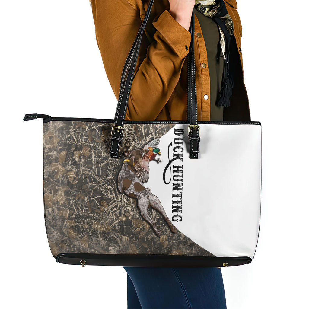Duck Hunting Retriever Leather Tote Bag Mallard Shotgun Hunt with Camouflage Marsh Dog Artwork