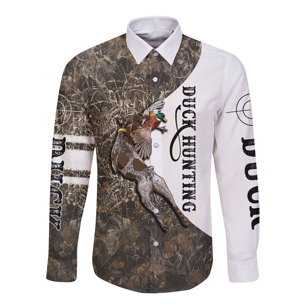 Duck Hunting Retriever Long Sleeve Button Shirt Mallard Shotgun Hunt with Camouflage Marsh Dog Artwork
