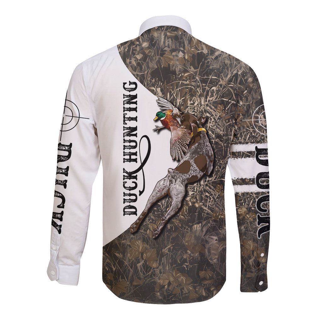 Duck Hunting Retriever Long Sleeve Button Shirt Mallard Shotgun Hunt with Camouflage Marsh Dog Artwork