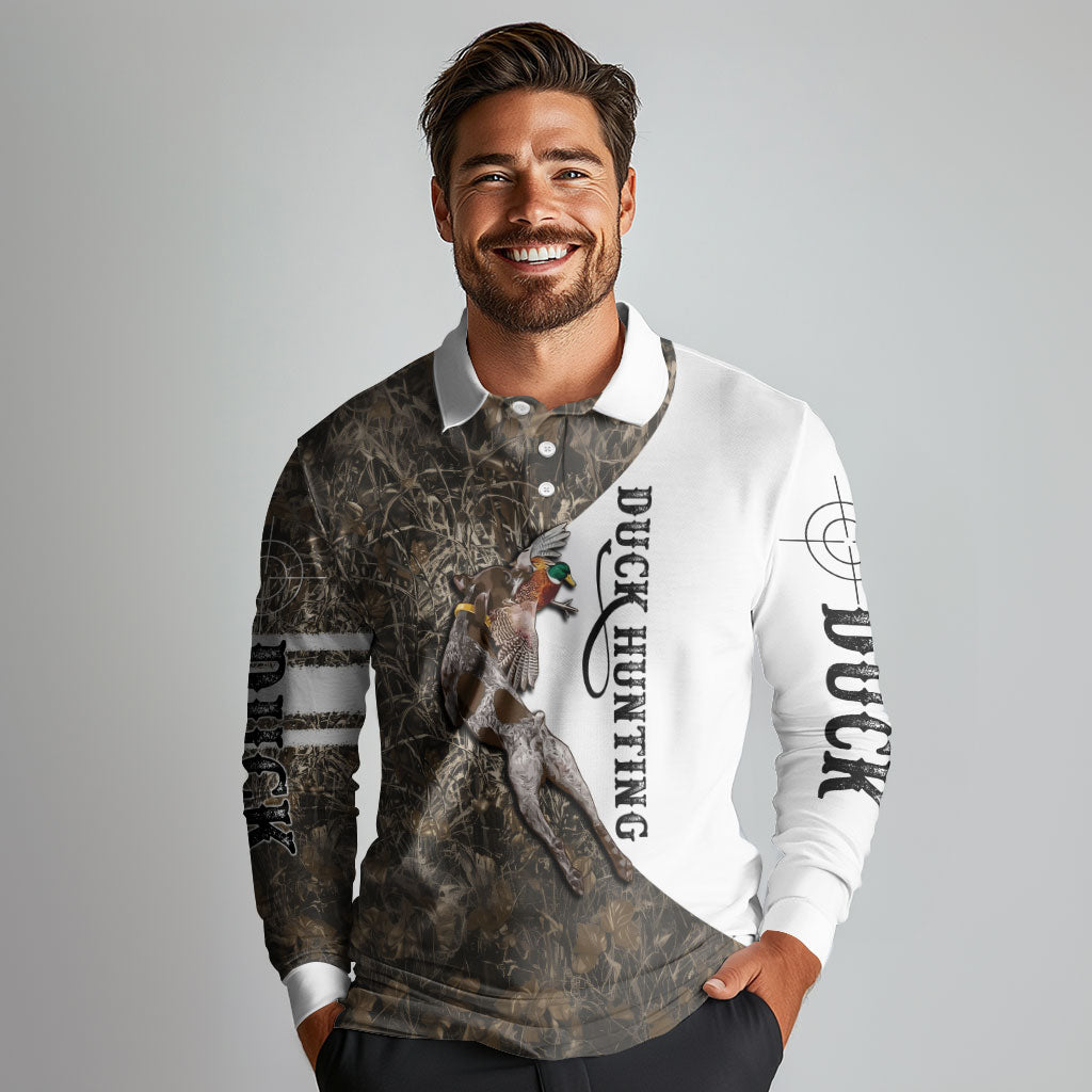 Duck Hunting Retriever Long Sleeve Polo Shirt Mallard Shotgun Hunt with Camouflage Marsh Dog Artwork