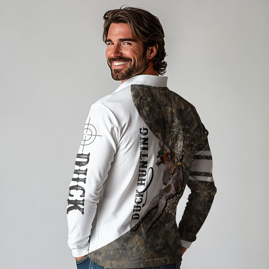 Duck Hunting Retriever Long Sleeve Polo Shirt Mallard Shotgun Hunt with Camouflage Marsh Dog Artwork