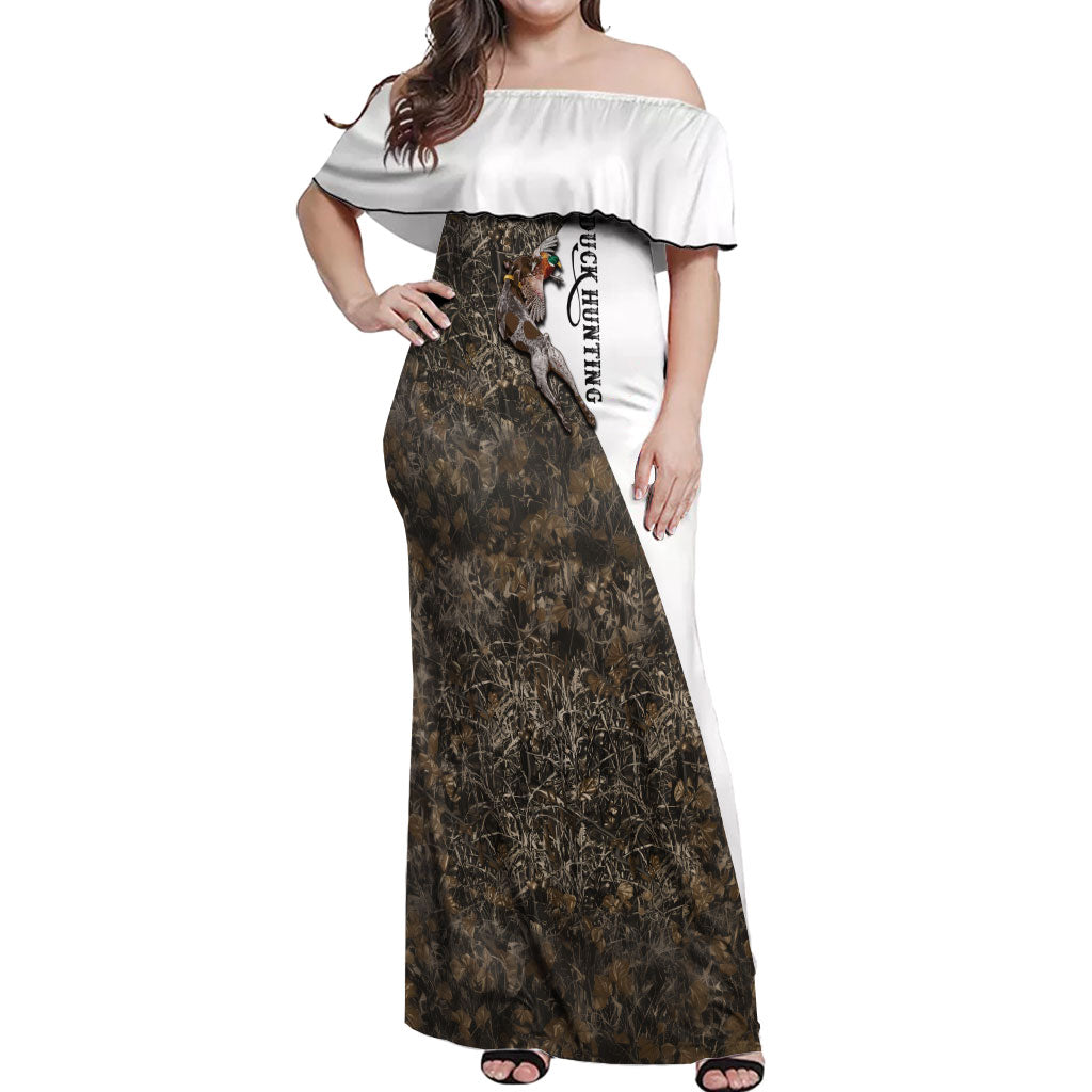 Duck Hunting Retriever Off Shoulder Maxi Dress Mallard Shotgun Hunt with Camouflage Marsh Dog Artwork
