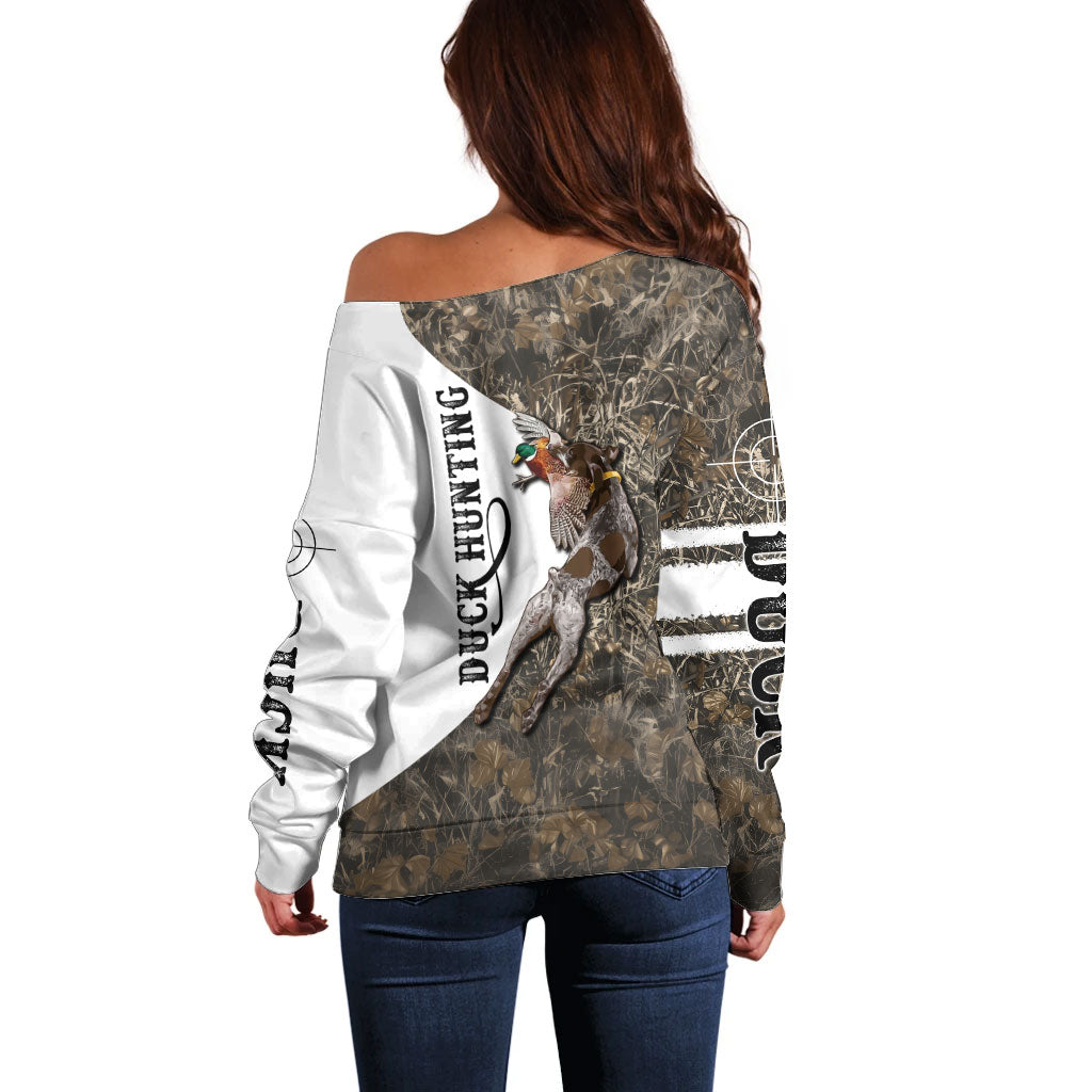 Duck Hunting Retriever Off Shoulder Sweater Mallard Shotgun Hunt with Camouflage Marsh Dog Artwork