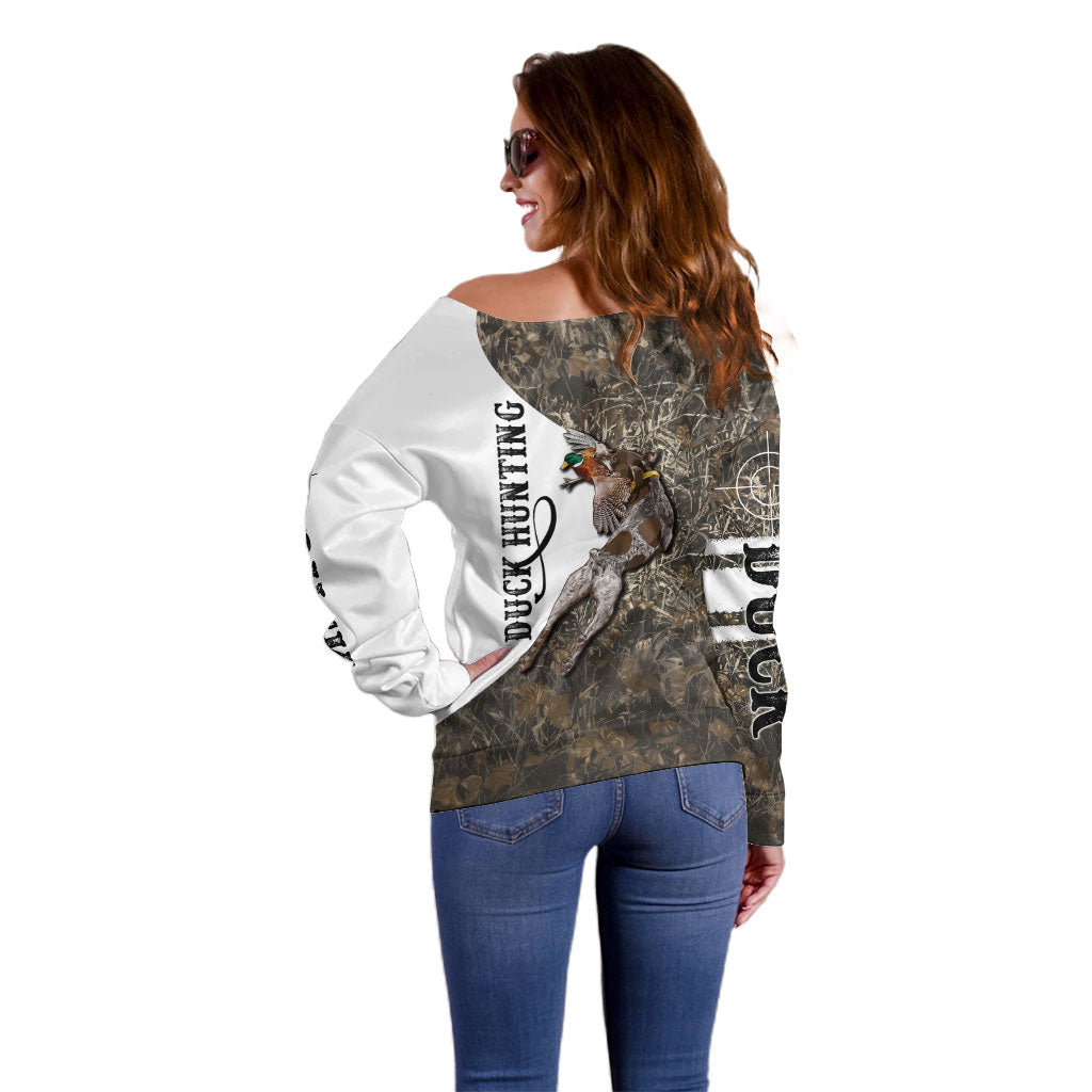 Duck Hunting Retriever Off Shoulder Sweater Mallard Shotgun Hunt with Camouflage Marsh Dog Artwork