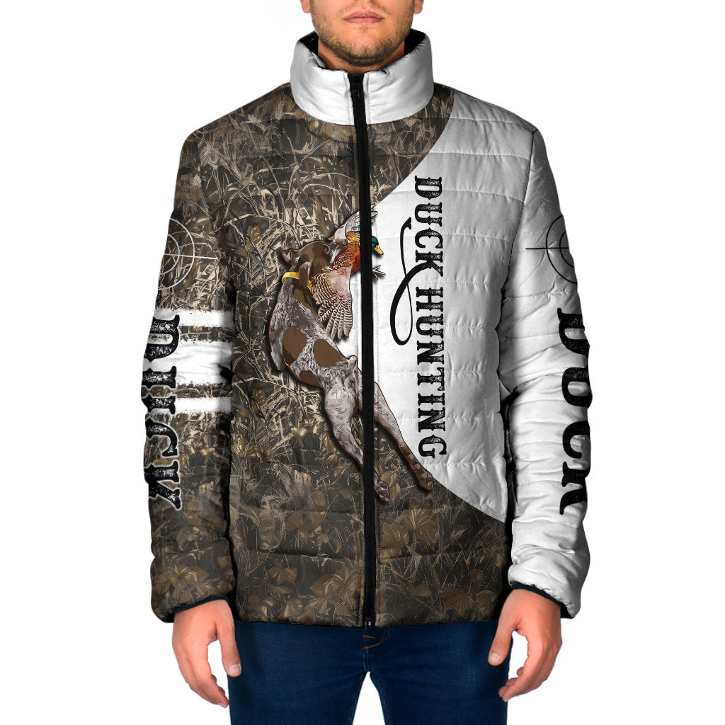 Duck Hunting Retriever Padded Jacket Mallard Shotgun Hunt with Camouflage Marsh Dog Artwork