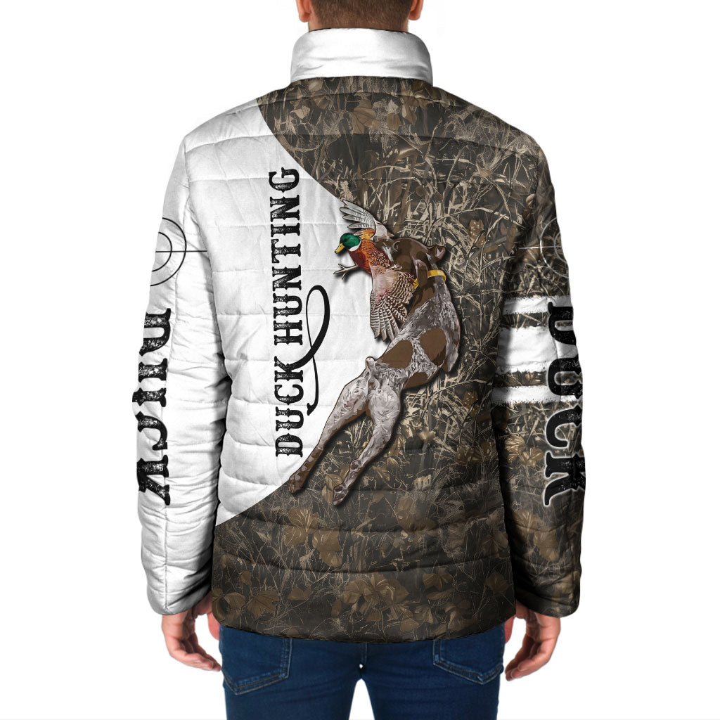 Duck Hunting Retriever Padded Jacket Mallard Shotgun Hunt with Camouflage Marsh Dog Artwork