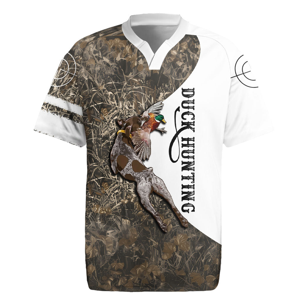 Duck Hunting Retriever Rugby Jersey Mallard Shotgun Hunt with Camouflage Marsh Dog Artwork