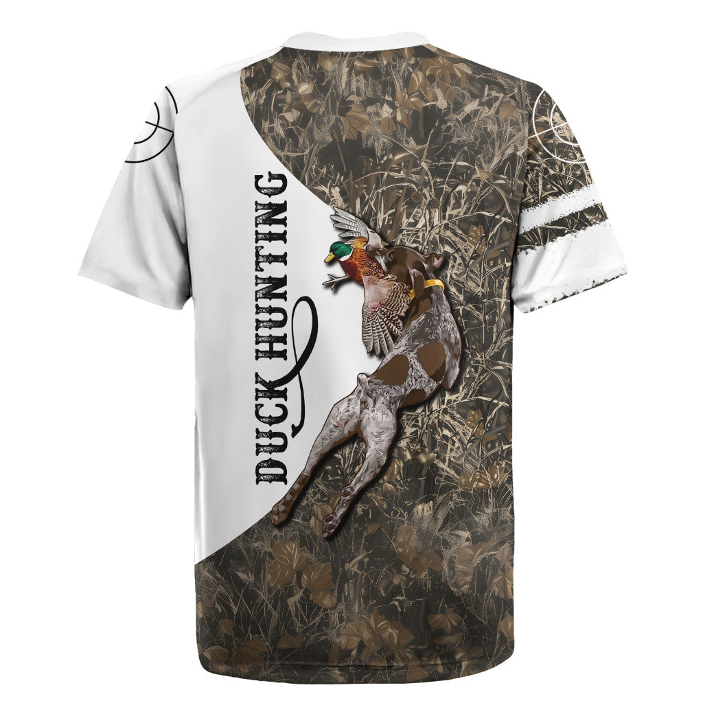 Duck Hunting Retriever Rugby Jersey Mallard Shotgun Hunt with Camouflage Marsh Dog Artwork