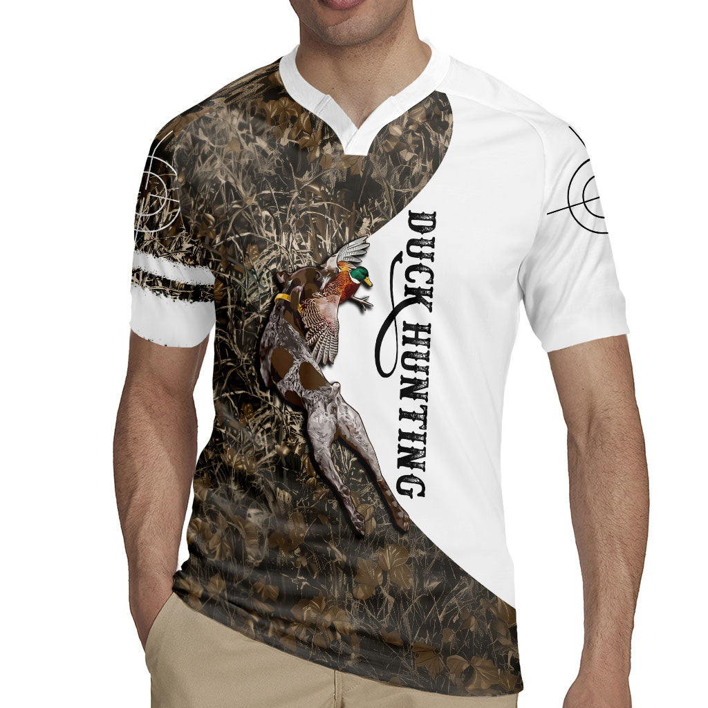 Duck Hunting Retriever Rugby Jersey Mallard Shotgun Hunt with Camouflage Marsh Dog Artwork