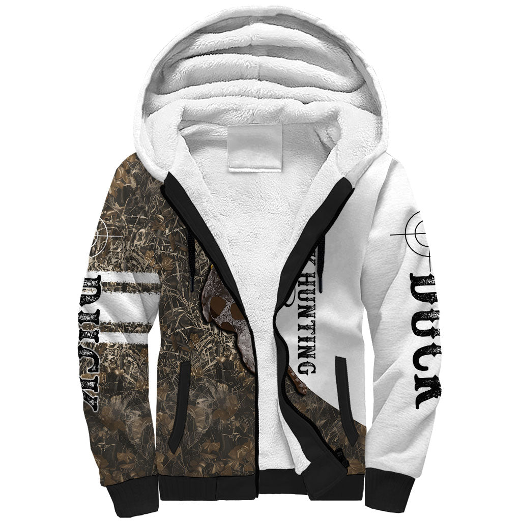 Duck Hunting Retriever Sherpa Hoodie Mallard Shotgun Hunt with Camouflage Marsh Dog Artwork