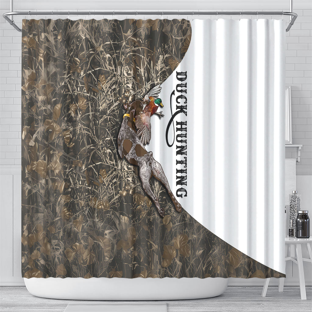 Duck Hunting Retriever Shower Curtain Mallard Shotgun Hunt with Camouflage Marsh Dog Artwork