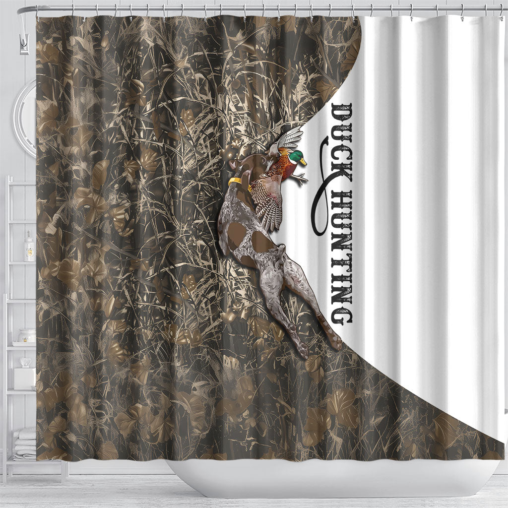 Duck Hunting Retriever Shower Curtain Mallard Shotgun Hunt with Camouflage Marsh Dog Artwork