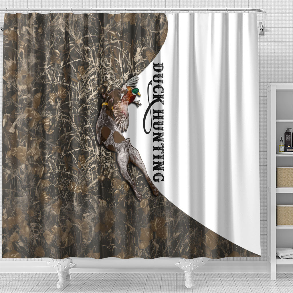 Duck Hunting Retriever Shower Curtain Mallard Shotgun Hunt with Camouflage Marsh Dog Artwork