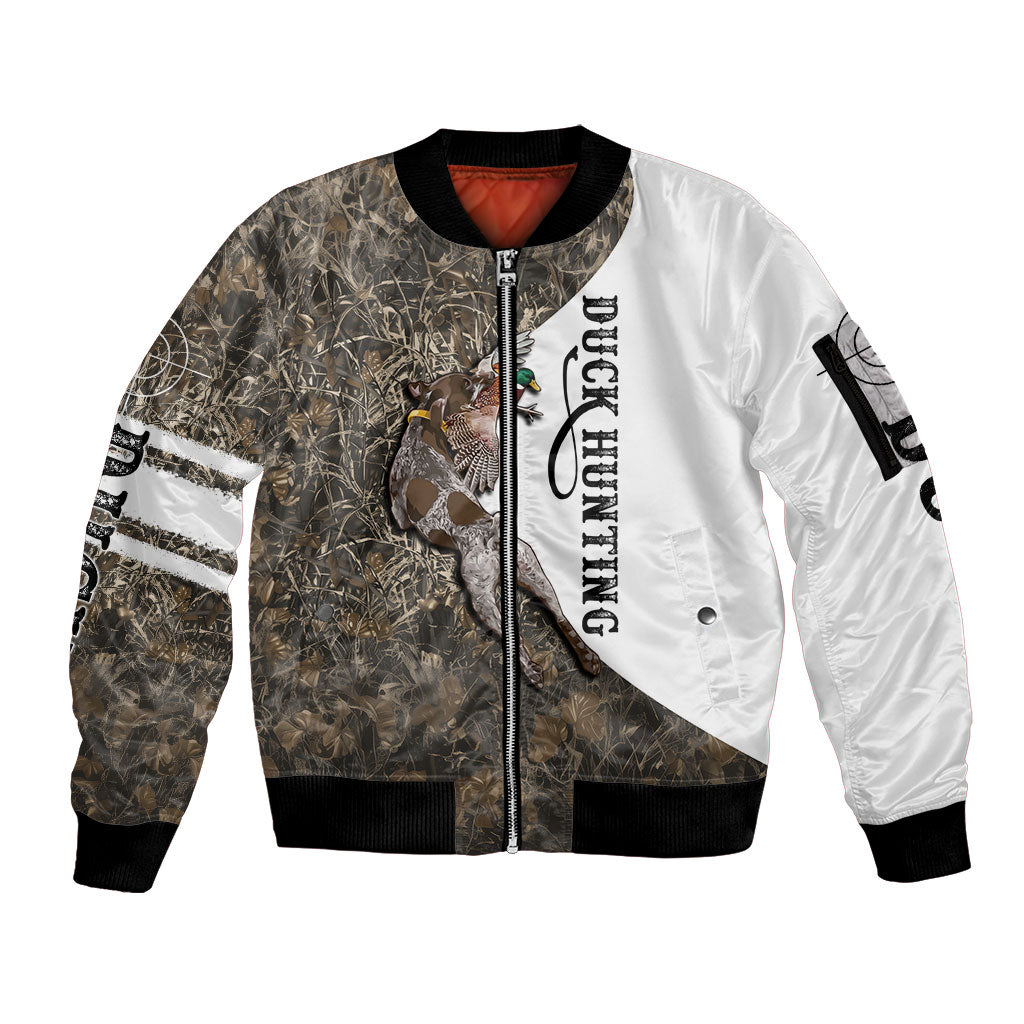 Duck Hunting Retriever Sleeve Zip Bomber Jacket Mallard Shotgun Hunt with Camouflage Marsh Dog Artwork