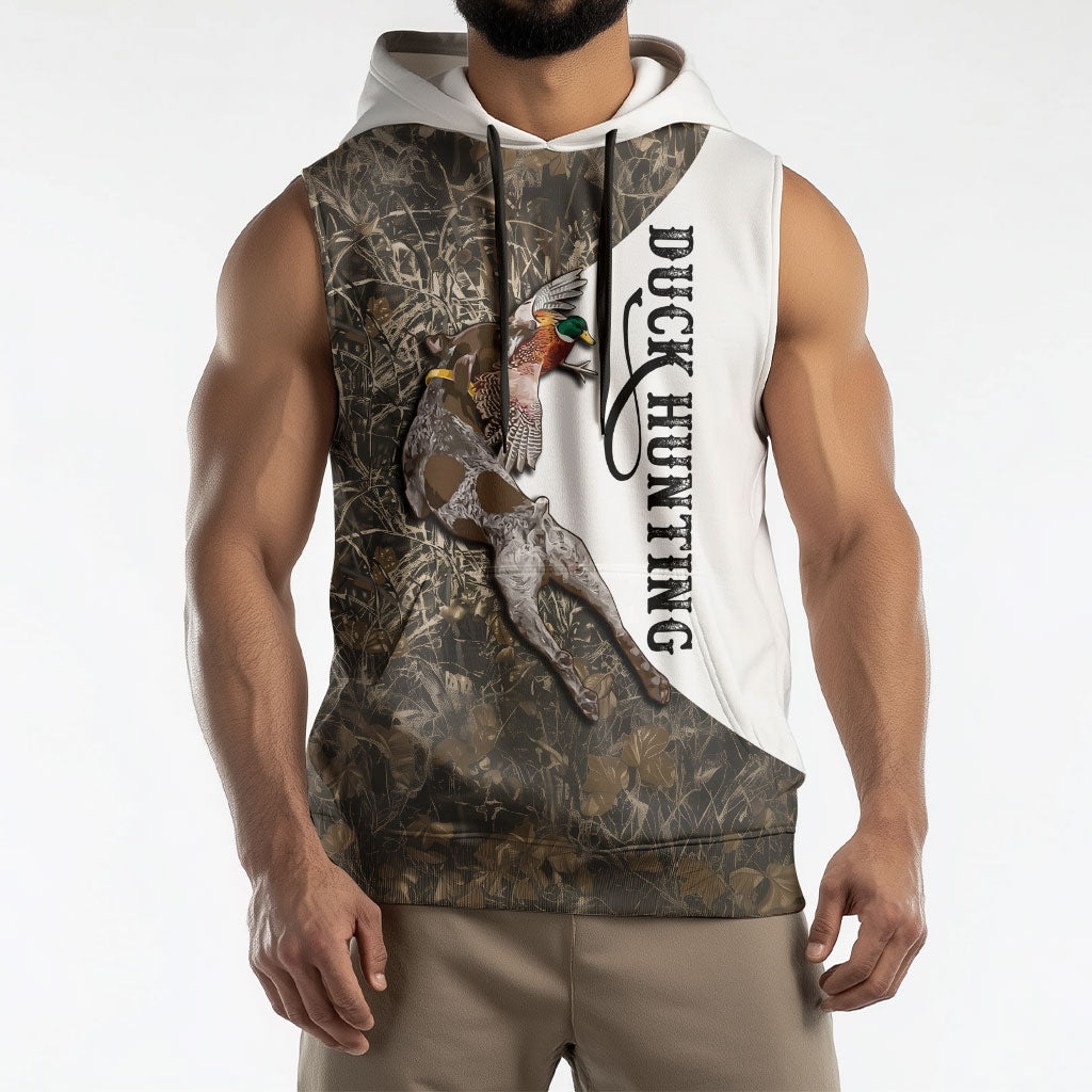 Duck Hunting Retriever Sleeveless Hoodie Mallard Shotgun Hunt with Camouflage Marsh Dog Artwork