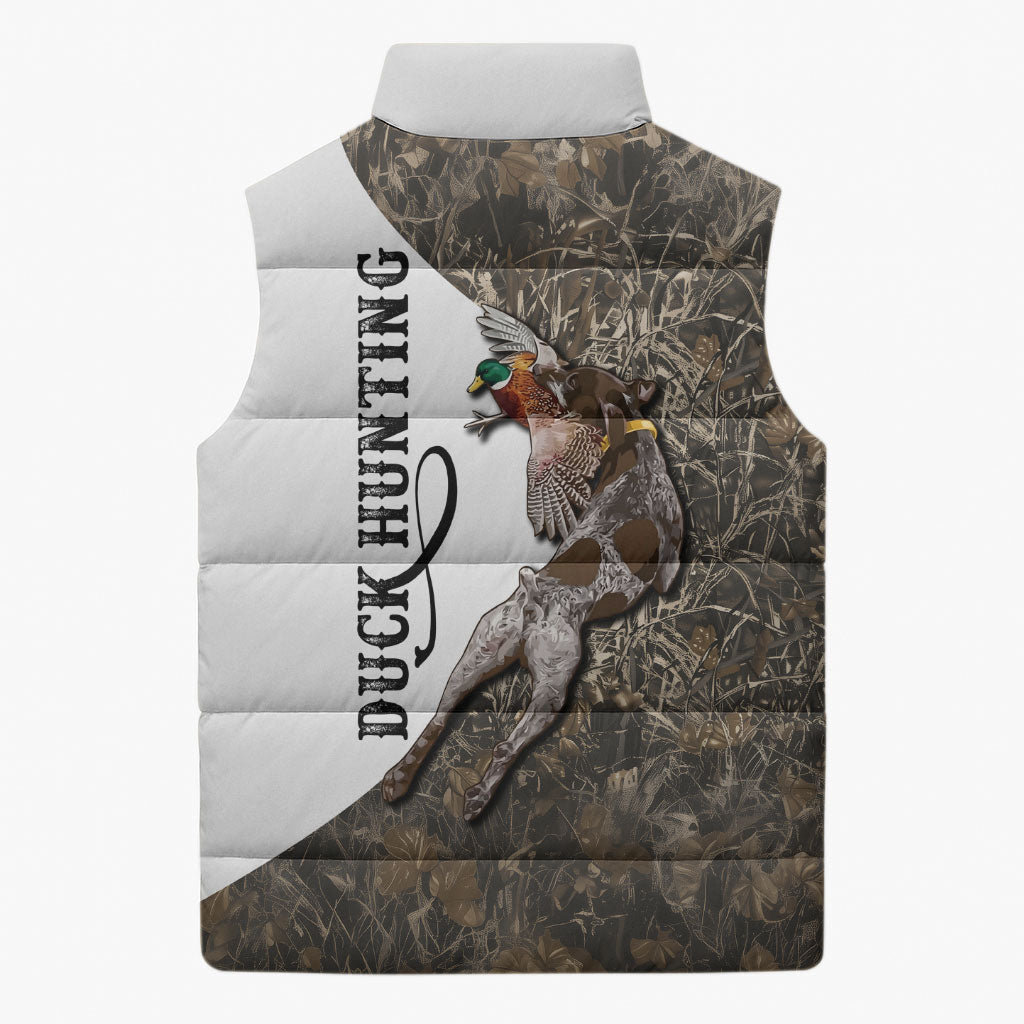 Duck Hunting Retriever Sleeveless Puffer Jacket Mallard Shotgun Hunt with Camouflage Marsh Dog Artwork