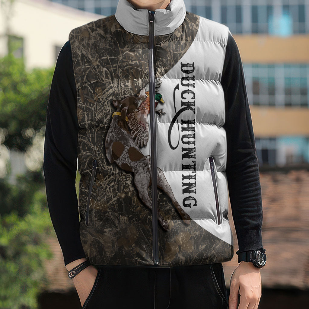Duck Hunting Retriever Sleeveless Puffer Jacket Mallard Shotgun Hunt with Camouflage Marsh Dog Artwork