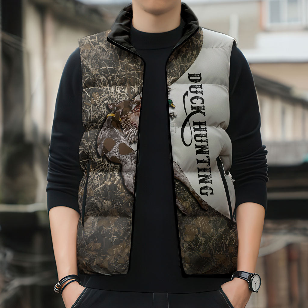 Duck Hunting Retriever Sleeveless Puffer Jacket Mallard Shotgun Hunt with Camouflage Marsh Dog Artwork