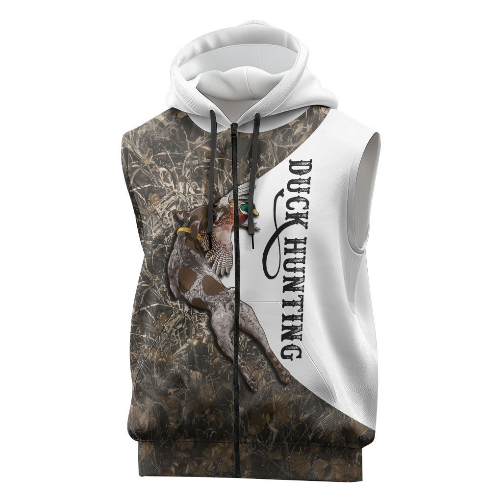 Duck Hunting Retriever Sleeveless Zip Hoodie Mallard Shotgun Hunt with Camouflage Marsh Dog Artwork