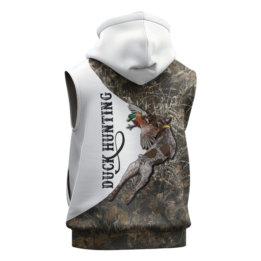 Duck Hunting Retriever Sleeveless Zip Hoodie Mallard Shotgun Hunt with Camouflage Marsh Dog Artwork