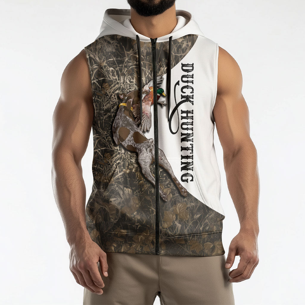 Duck Hunting Retriever Sleeveless Zip Hoodie Mallard Shotgun Hunt with Camouflage Marsh Dog Artwork