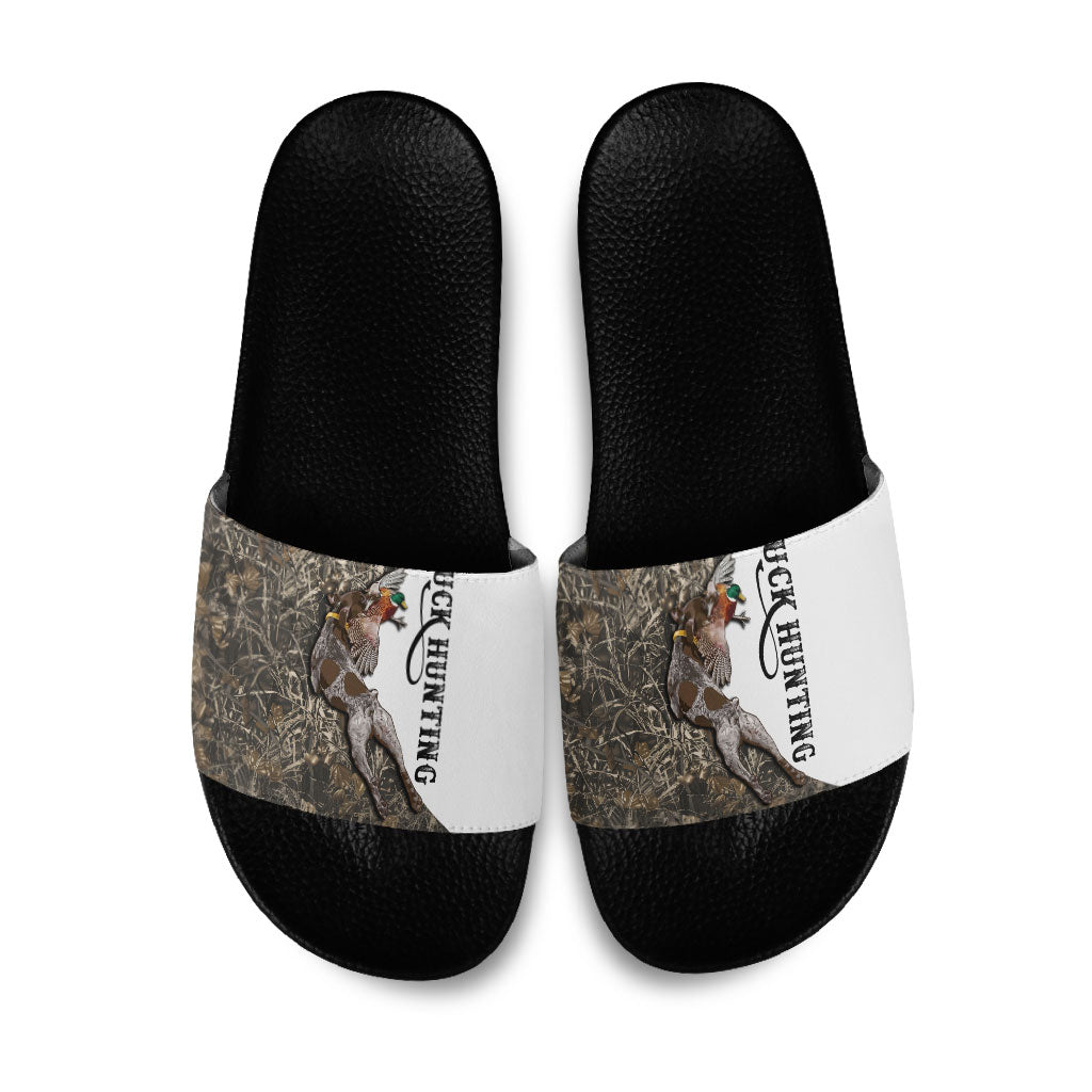 Duck Hunting Retriever Slide Sandals Mallard Shotgun Hunt with Camouflage Marsh Dog Artwork