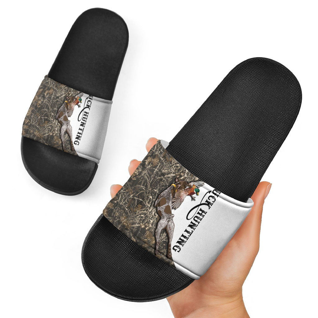 Duck Hunting Retriever Slide Sandals Mallard Shotgun Hunt with Camouflage Marsh Dog Artwork