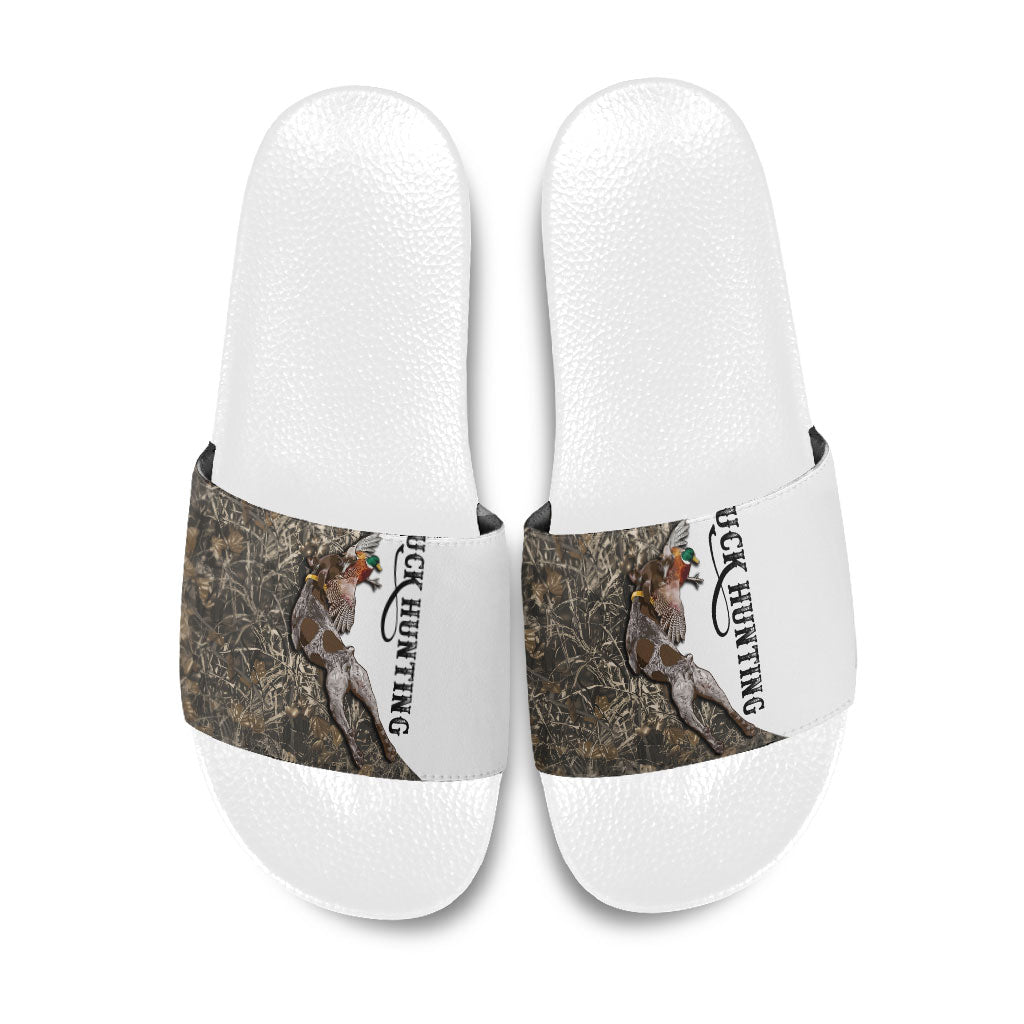 Duck Hunting Retriever Slide Sandals Mallard Shotgun Hunt with Camouflage Marsh Dog Artwork