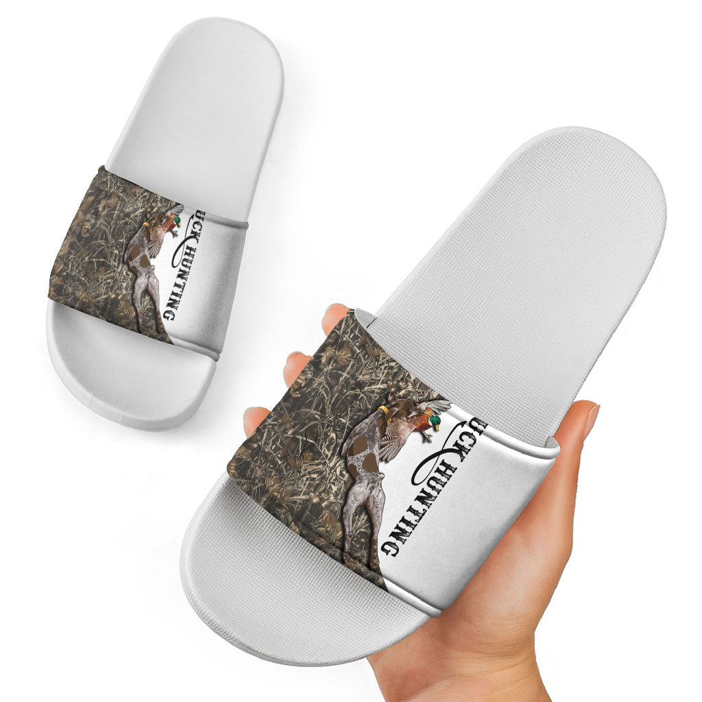 Duck Hunting Retriever Slide Sandals Mallard Shotgun Hunt with Camouflage Marsh Dog Artwork