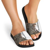 Duck Hunting Retriever Slide Sandals Mallard Shotgun Hunt with Camouflage Marsh Dog Artwork