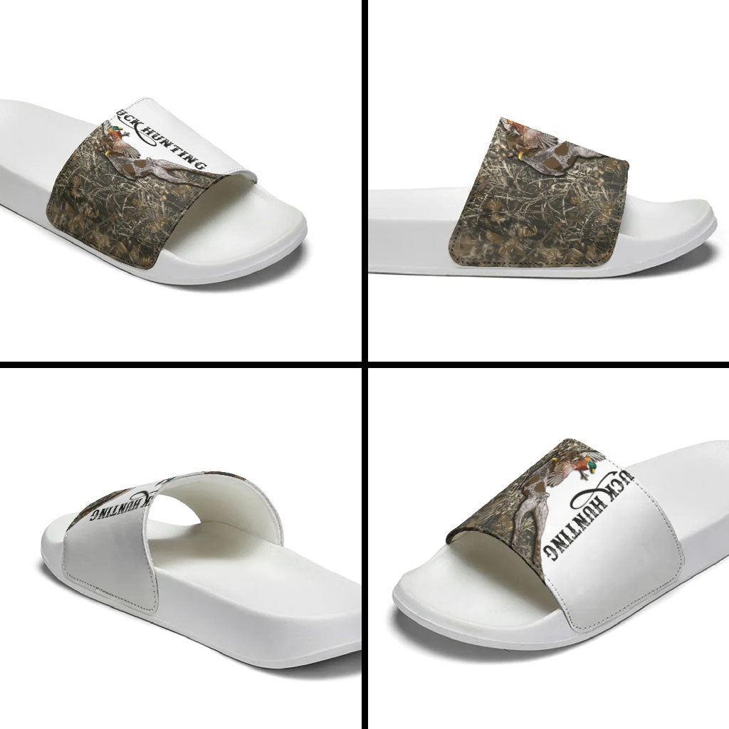 Duck Hunting Retriever Slide Sandals Mallard Shotgun Hunt with Camouflage Marsh Dog Artwork