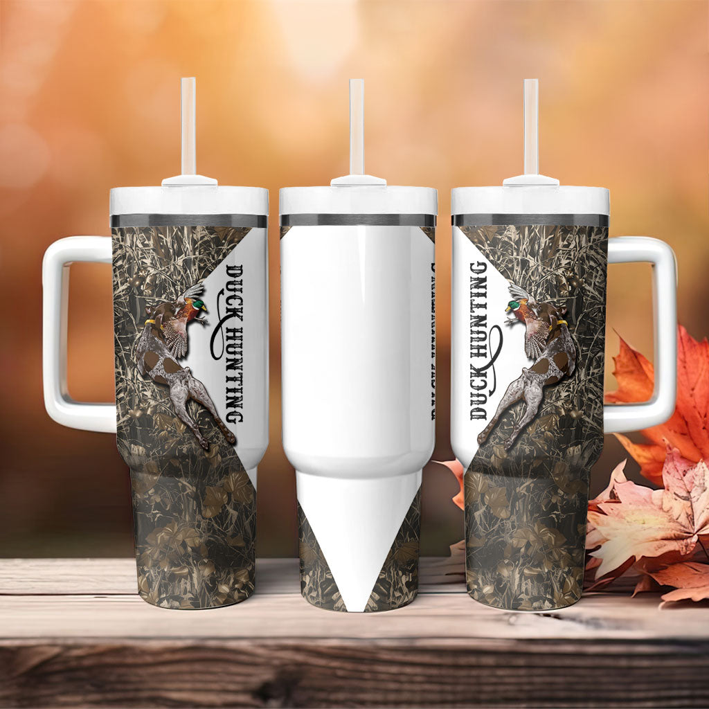 Duck Hunting Retriever Tumbler With Handle Mallard Shotgun Hunt with Camouflage Marsh Dog Artwork