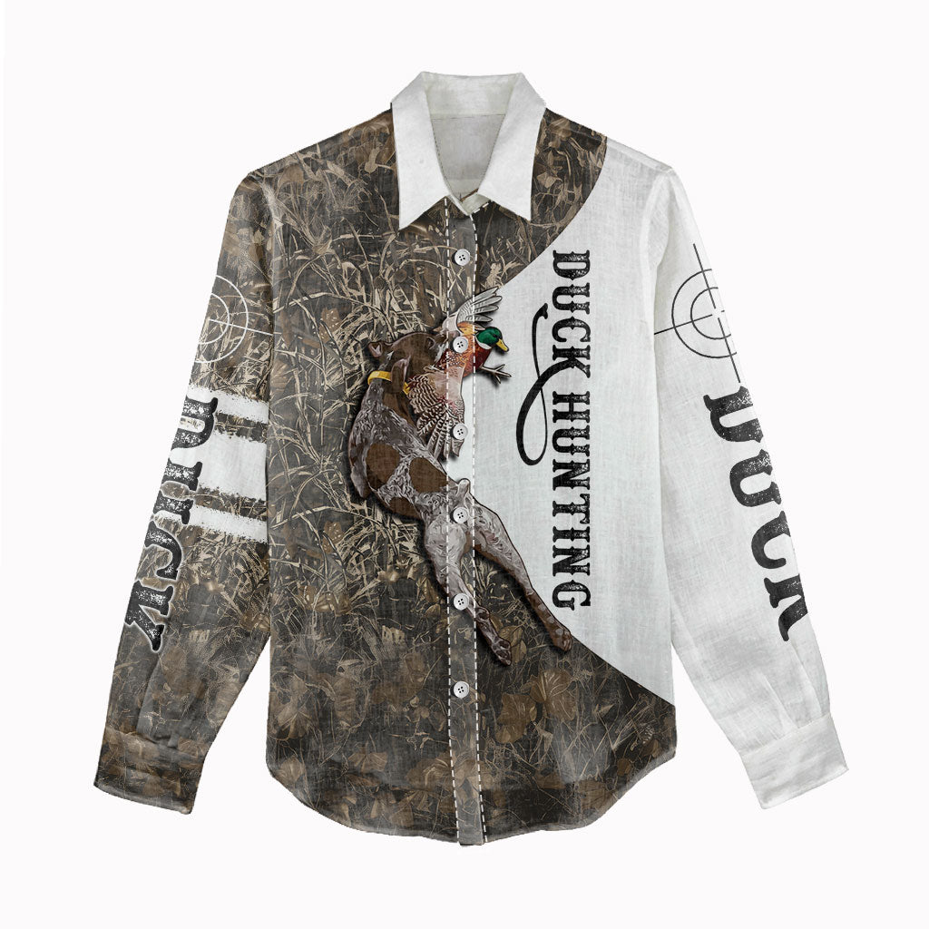 Duck Hunting Retriever Women Casual Shirt Mallard Shotgun Hunt with Camouflage Marsh Dog Artwork